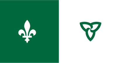 The Franco-Ontarian flag is pictured, which consists of two vertical bands. The first band is green with a white lily. This flower represents the French-speaking community worldwide. The second band is white with a green trillium, the provincial flower of Ontario.