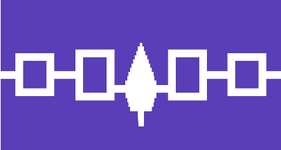 The Haudenosaunee flag is pictured, it is made up of purple shells, the belt represents each of the original five nations (Seneca, Cayuga, Onondaga, Oneida, and Mohawk nations) and is read from right to left. 