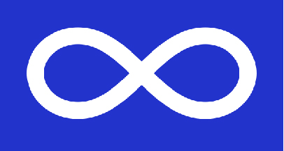 The Métis Flag is pictured it is a blue field featuring a white infinity symbol